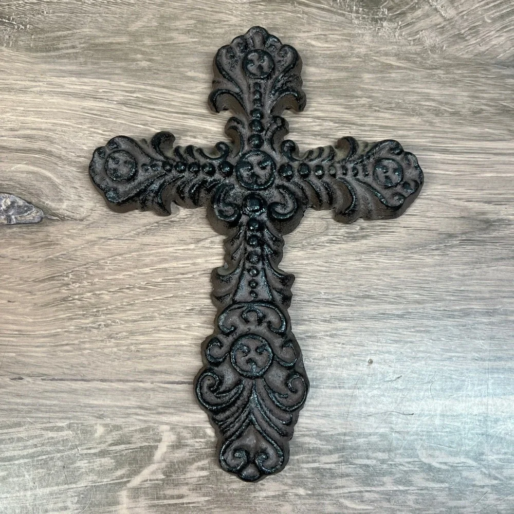 Cast Iron Wall Cross Ornate Fleur De Lis Scrollwork Rustic Church Heavy Set of 2